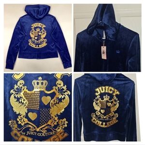 Juicy Couture Womans Velour Zip UP Hoodie Royal Blue Gold Bling Back XS NWT$59
